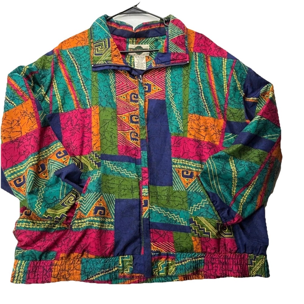 OutBrook 90s Windbreaker Jacket Geometric Tribal Print Multi Color XL Vintage